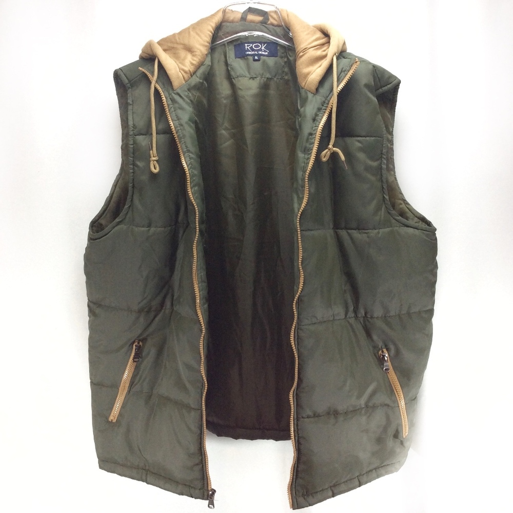 ROK Puffer Vest Drawstring Hooded Pockets XL